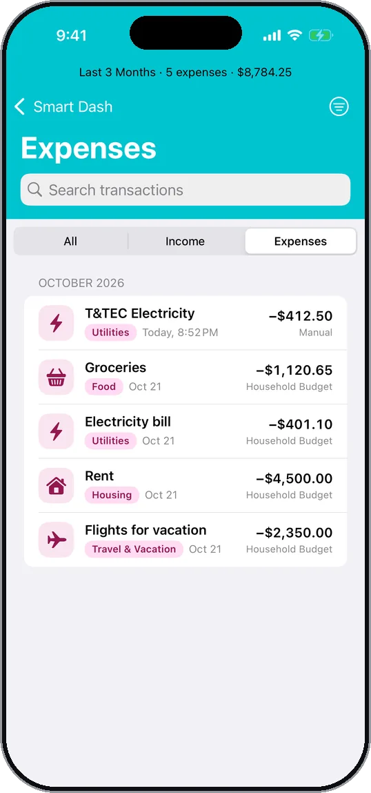 Expenses screen. Every expense, searchable by category and shop.