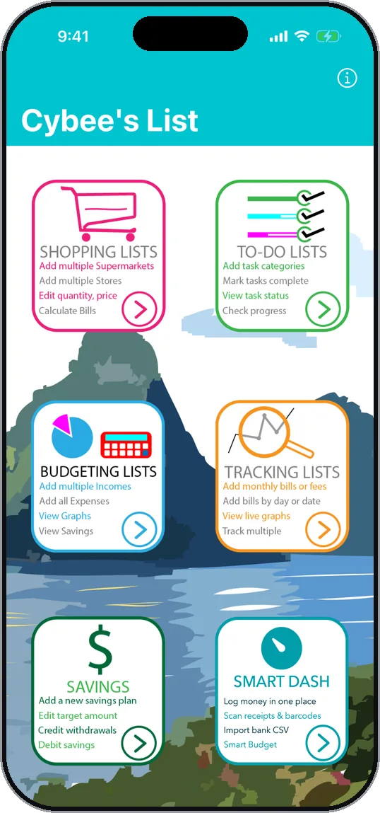 The Cybee's List home screen with tiles for Shopping, To-Do, Budgeting, Tracking, Savings and Smart Dash