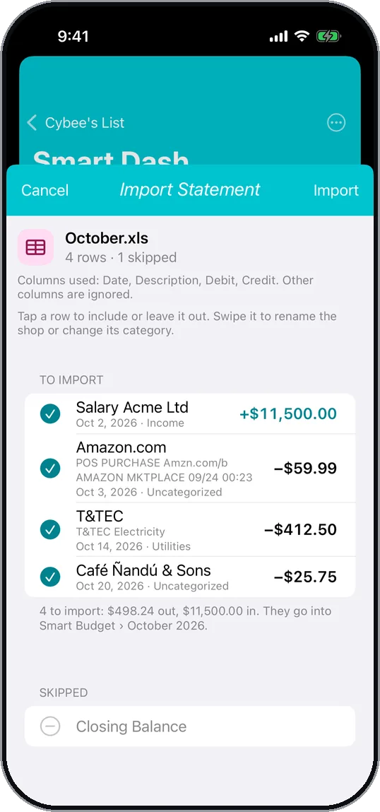 Statement import screen. Bank rows sorted into categories before importing.