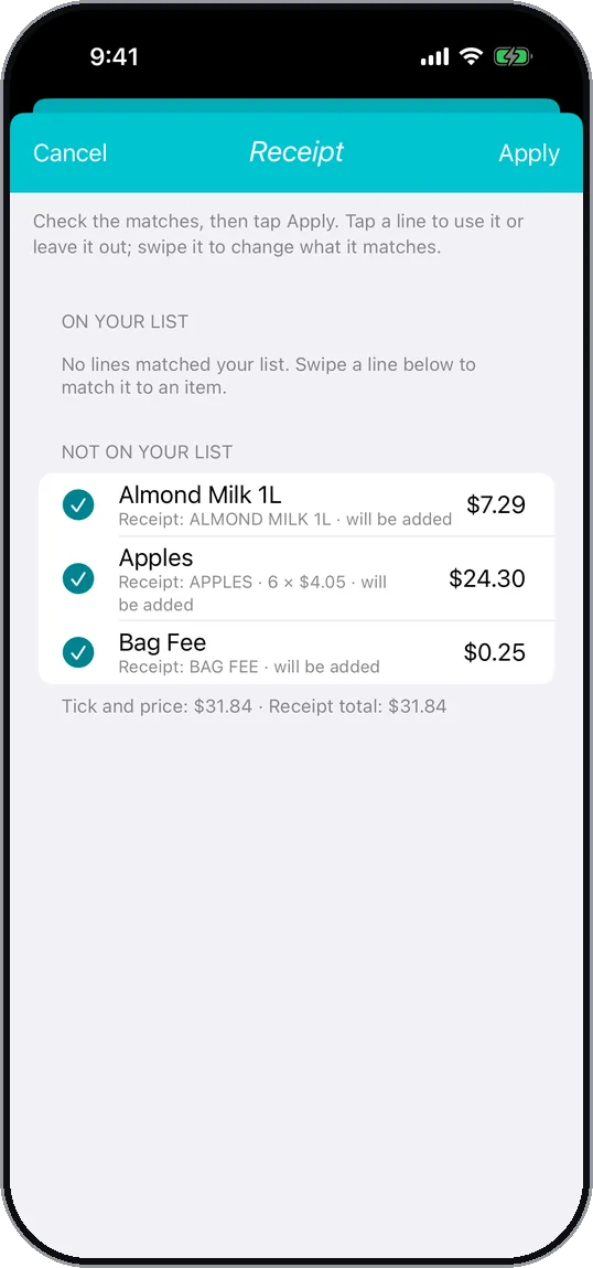 Receipt scan screen. Receipt lines matched to the list, ready to apply.