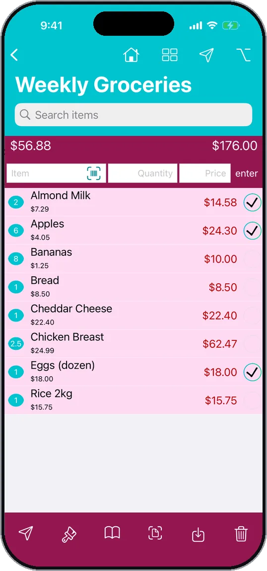 Shopping list screen. Ticks and prices add up as you shop.